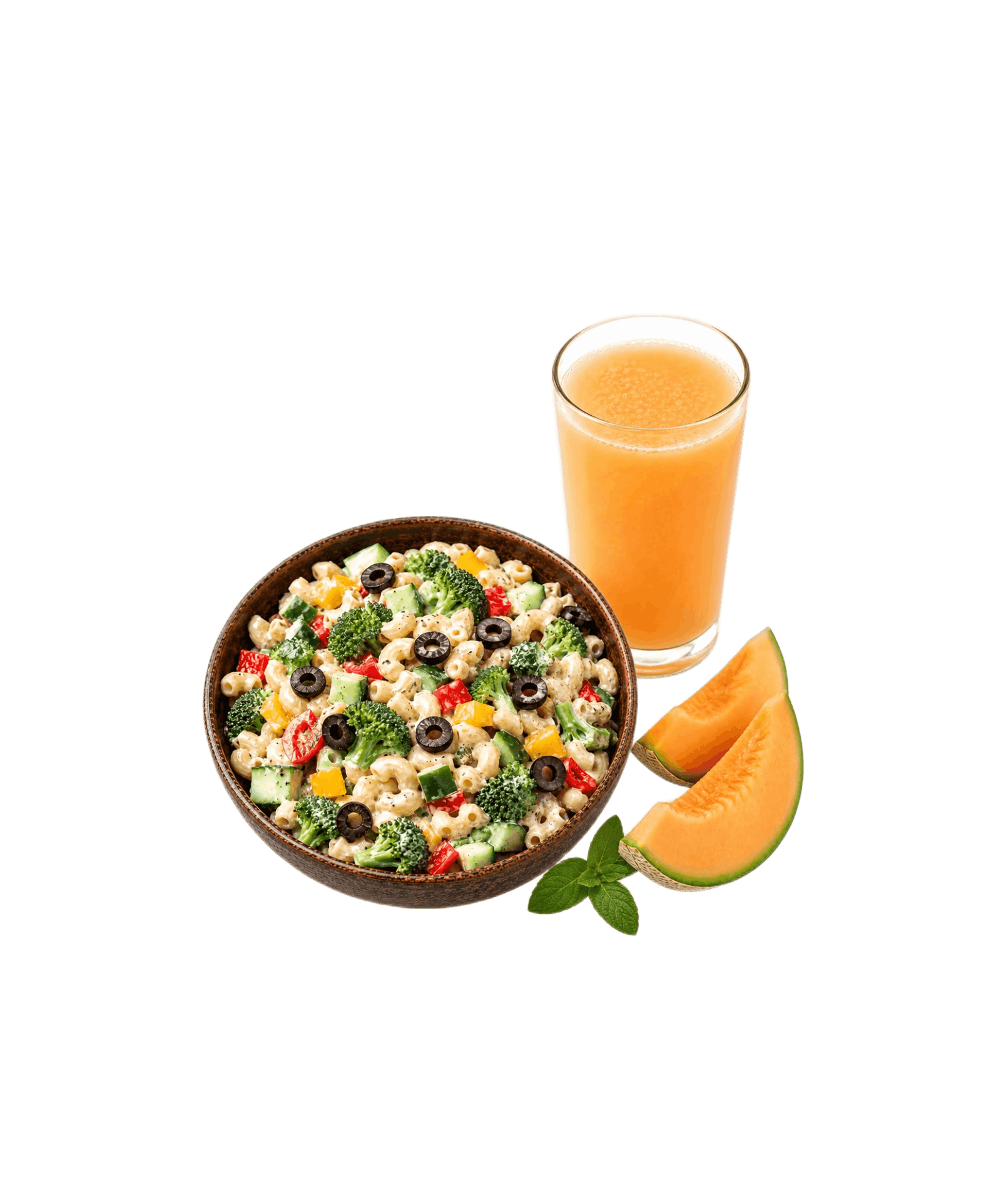 Broccoli Millet Pasta Salad with Muskmelon Juice