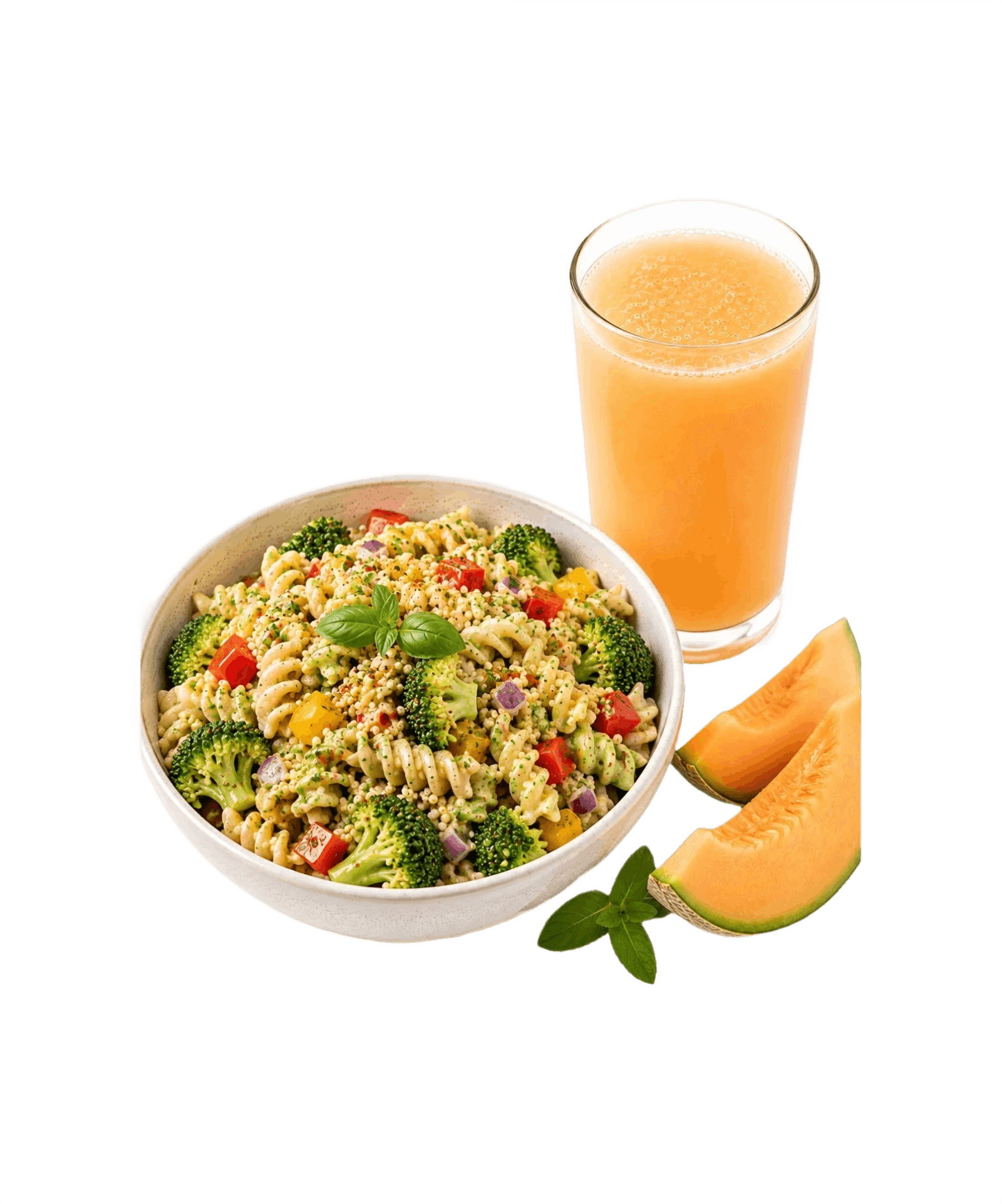 Broccoli Millet Pasta Salad with Muskmelon Juice