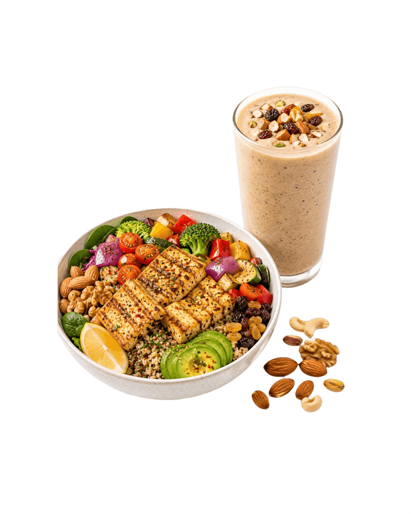 Panner Steak Bowl with Dry Fruits and nuts Smoothie