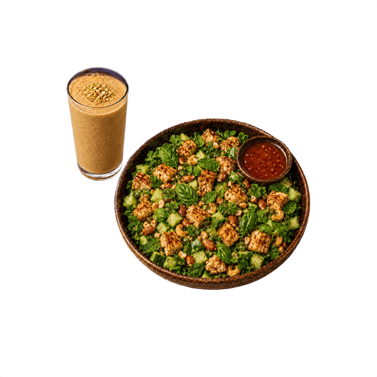 Thai Basil Chicken with Dry Fruits and Nuts Smoothie